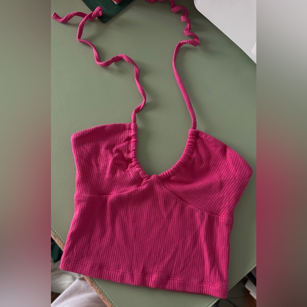 Aritzia Pink Ribbed Halter Crop Top